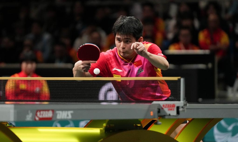 Lin Shidong of China competes during the men's singles match against Oh Junsung of South Korea at the final match between China and South Korea at the ITTF Mixed Team World Cup 2024 in Chengdu, southwest China's Sichuan Province, Dec. 8, 2024. Photo: Xinhua