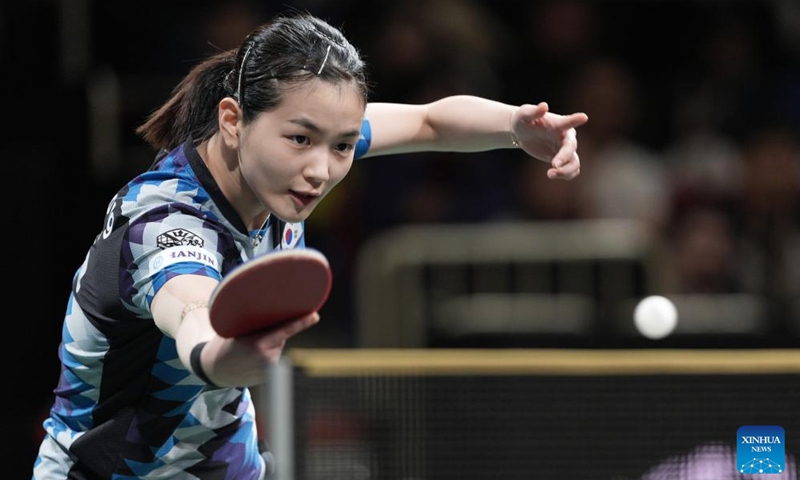 Kim Nayeong of South Korea competes during the women's singles match against Wang Manyu of China at the final match between China and South Korea at the ITTF Mixed Team World Cup 2024 in Chengdu, southwest China's Sichuan Province, Dec. 8, 2024. Photo: Xinhua