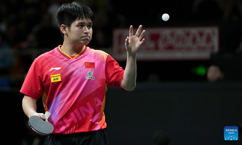 Lin Shidong of China reacts during the men's singles match against Oh Junsung of South Korea at the final match between China and South Korea at the ITTF Mixed Team World Cup 2024 in Chengdu, southwest China's Sichuan Province, Dec. 8, 2024. Photo: Xinhua