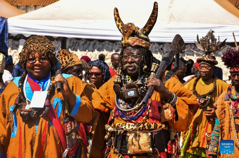 Warriors of the royal court of Bamoun people participate in the Nguon rituals in Foumban, West Region, Cameroon, Dec. 7, 2024. Nguon, rituals of governance and associated expressions in the Bamoun community in Cameroon's West Region, was inscribed on the Representative List of the Intangible Cultural Heritage of Humanity by the UNESCO in 2023. Photo: Xinhua