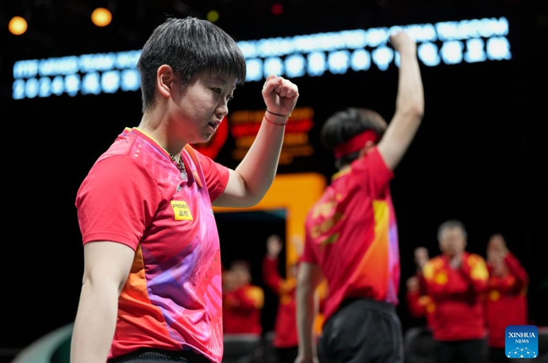 Wang Chuqin/Sun Yingsha (L) of China celebrate after the mixed doubles match against Cho Daeseong/Shin Yubin of South Korea at the final match between China and South Korea at the ITTF Mixed Team World Cup 2024 in Chengdu, southwest China's Sichuan Province, Dec. 8, 2024. Photo: Xinhua