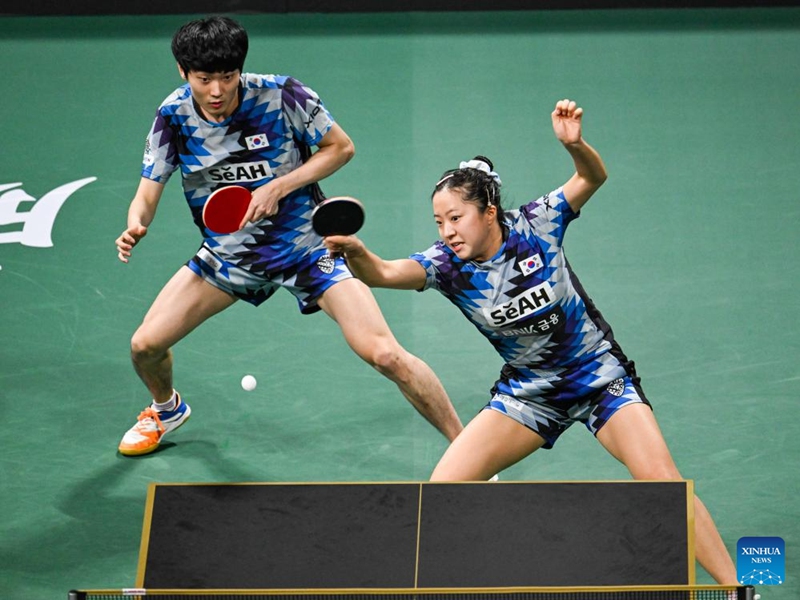 Cho Daeseong/Shin Yubin(R) of South Korea compete during the mixed doubles match against Wang Chuqin/Sun Yingsha of China at the final match between China and South Korea at the ITTF Mixed Team World Cup 2024 in Chengdu, southwest China's Sichuan Province, Dec. 8, 2024. Photo: Xinhua