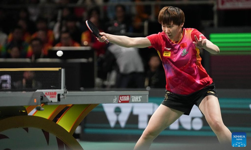 Wang Manyu of China competes during the women's singles match against Kim Nayeong of South Korea at the final match between China and South Korea at the ITTF Mixed Team World Cup 2024 in Chengdu, southwest China's Sichuan Province, Dec. 8, 2024. Photo: Xinhua