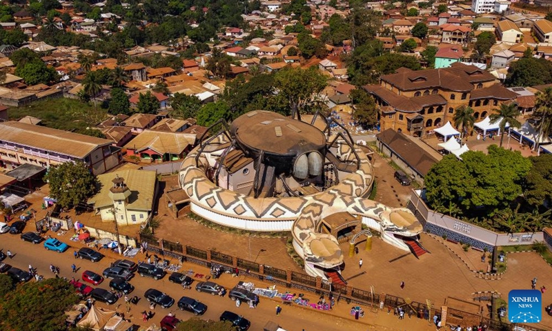 An aerial drone photo taken on Dec. 7, 2024 shows the new exhibition hall and the royal palace of the Bamoun community in Foumban, West Region, Cameroon. Nguon, rituals of governance and associated expressions in the Bamoun community in Cameroon's West Region, was inscribed on the Representative List of the Intangible Cultural Heritage of Humanity by the UNESCO in 2023. Photo: Xinhua