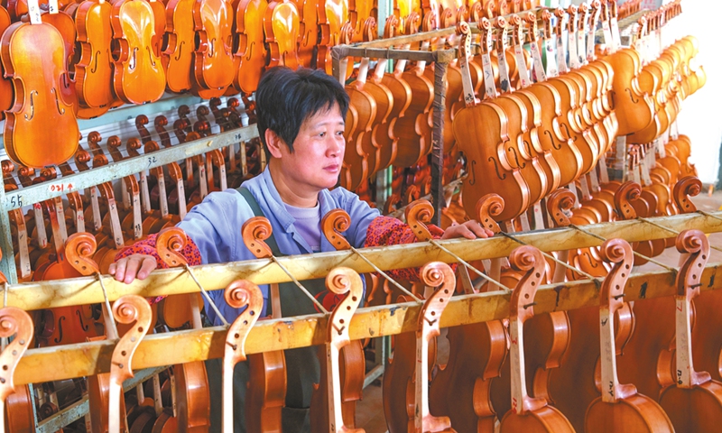 A worker makes violins in Donggaocun township in Pinggu district, Beijing on December 10, 2024. The township manufactures more than 300,000 violins per year, accounting for one-third of global sales, exporting to more than 40 countries and regions with an annual output surpassing 70 million yuan ($9.65 million). Photo: VCG