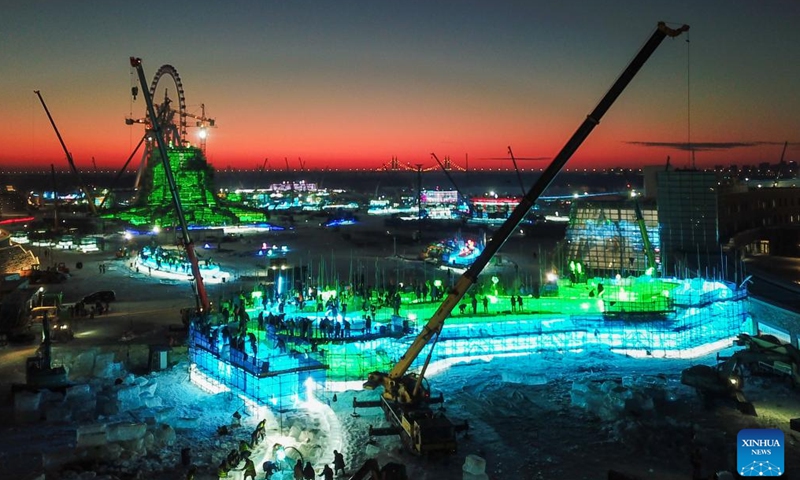 An aerial drone photo taken on Dec. 8, 2024 shows the construction site of the Harbin Ice-Snow World in Harbin, northeast China's Heilongjiang Province. (Photo: Xinhua)