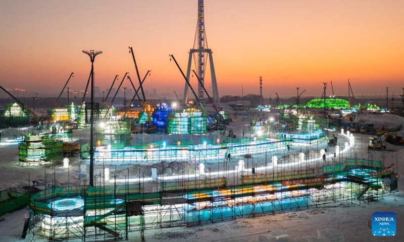 An aerial drone photo taken on Dec. 9, 2024 shows the construction site of the Harbin Ice-Snow World in Harbin, northeast China's Heilongjiang Province. The construction of the Harbin Ice-Snow World is in full swing with more than 10,000 workers participating and nearly 1,000 units of machinery deployed.