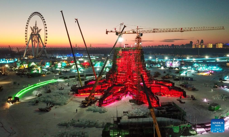 An aerial drone photo taken on Dec. 8, 2024 shows the construction site of the Harbin Ice-Snow World in Harbin, northeast China's Heilongjiang Province. (Photo: Xinhua)