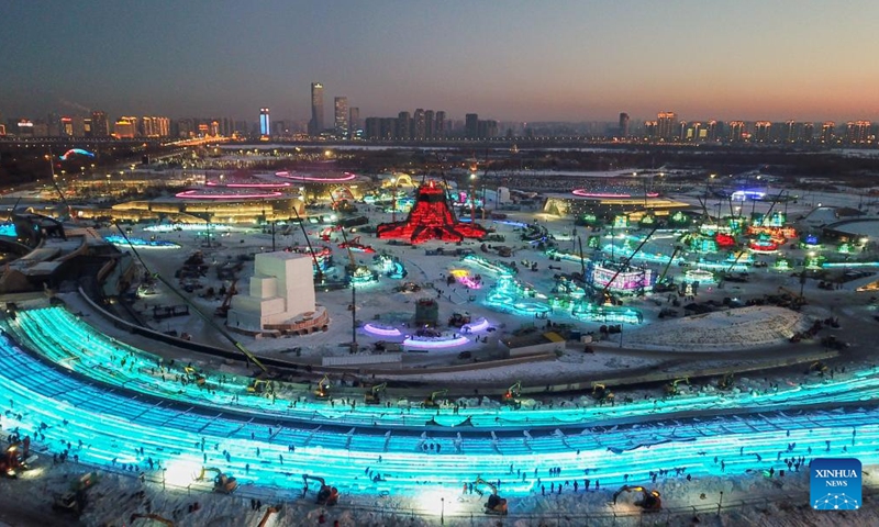 An aerial drone photo taken on Dec. 8, 2024 shows the construction site of the Harbin Ice-Snow World in Harbin, northeast China's Heilongjiang Province. (Photo: Xinhua)