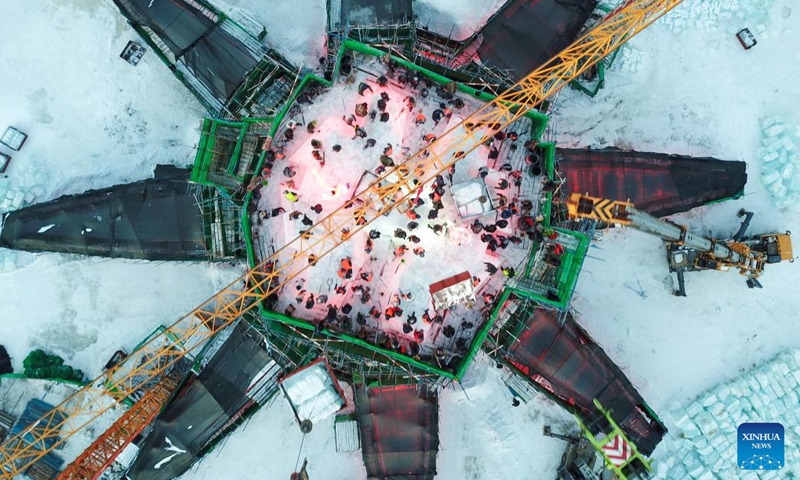 An aerial drone photo taken on Dec. 8, 2024 shows the construction site of the main tower of the Harbin Ice-Snow World in Harbin, northeast China's Heilongjiang Province. (Photo: Xinhua)