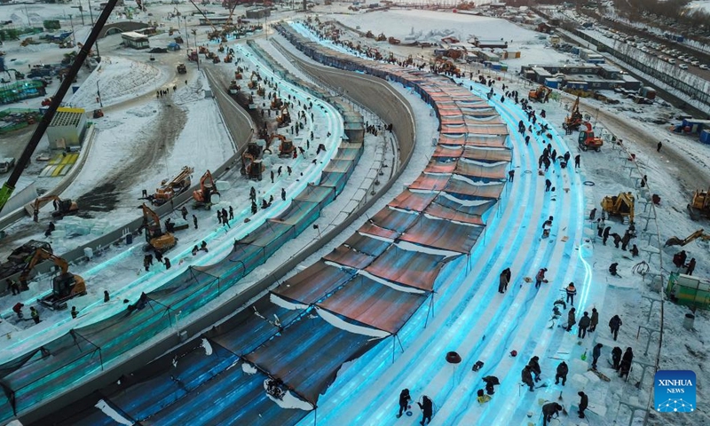 An aerial drone photo taken on Dec. 8, 2024 shows the construction site of an ice slide of the Harbin Ice-Snow World in Harbin, northeast China's Heilongjiang Province. (Photo: Xinhua)