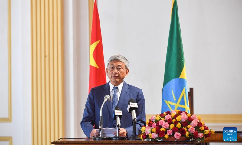 Chinese Ambassador to Ethiopia Chen Hai speaks at the award ceremony of the China-Ethiopia Friendship Scholarship at the Addis Ababa University in Ethiopia on Dec. 10, 2024. Hundreds of Ethiopian university students have been awarded Chinese scholarships to help them pursue graduate and post-graduate studies across different academic fields in the East African country's prestigious Addis Ababa University (AAU). (Photo: ecns.cn)