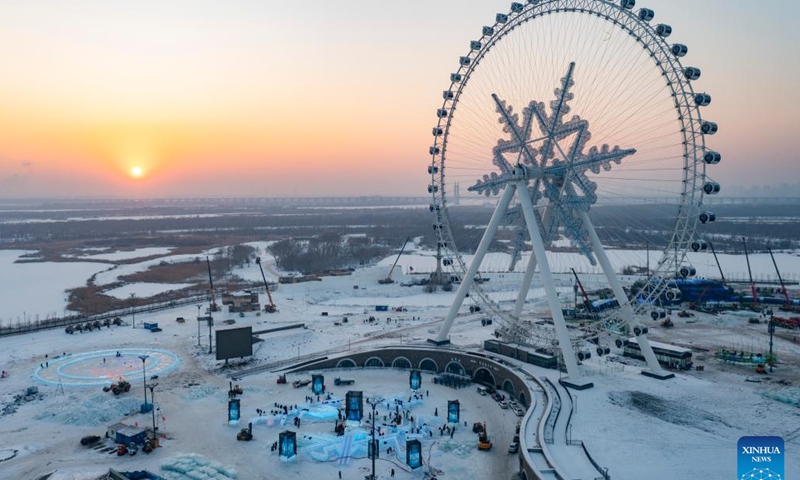 An aerial drone photo taken on Dec. 9, 2024 shows the construction site of the Harbin Ice-Snow World in Harbin, northeast China's Heilongjiang Province. (Photo: Xinhua)