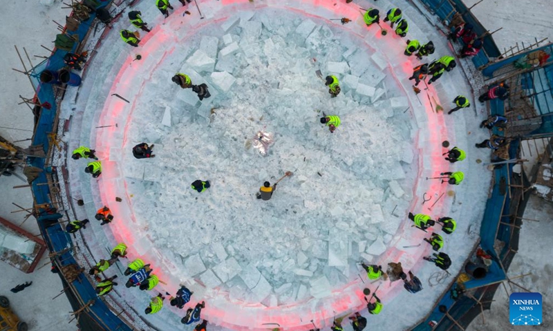 An aerial drone photo taken on Dec. 9, 2024 shows the construction site of the Harbin Ice-Snow World in Harbin, northeast China's Heilongjiang Province. (Photo: Xinhua)