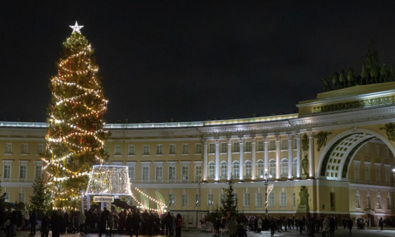 This photo taken on Dec. 20, 2024 shows an illuminated new year tree at Palace Square in St. Petersburg, Russia. (Photo by Irina Motina/Xinhua)