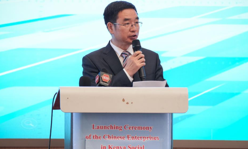 Zhou Zhencheng, minister counselor at the Chinese Embassy in Kenya, speaks during a launching ceremony of the Chinese Enterprises in Kenya Social Responsibility Report in Nairobi, Kenya, on Dec. 17, 2024. Kenya's quest for green development, modernization and skills upgrade has borne fruits, driven by the proactive involvement of Chinese firms operating in the country, according to a report launched Tuesday in Nairobi. In its fourth edition, the Corporate Social Responsibility (CSR) report compiled by the Kenya China Economic and Trade Association (KCETA) covering 2022-2023, said that these companies have rallied behind Kenya's long-term growth and transformation agenda. (Xinhua/Li Yahui)