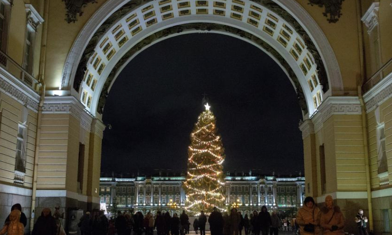 This photo taken on Dec. 20, 2024 shows an illuminated new year tree at Palace Square in St. Petersburg, Russia. (Photo by Irina Motina/Xinhua)