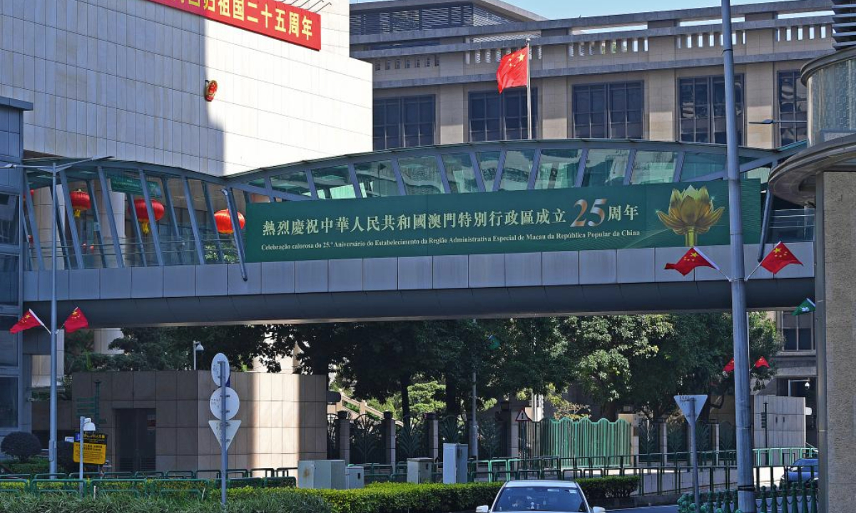 Celebration banners are seen in Macao, south China, Dec. 17, 2024. The streets of Macao have been adorned by festive decorations, as the city is set to mark the 25th anniversary of its return to the motherland. (Xinhua/Chen Duo)