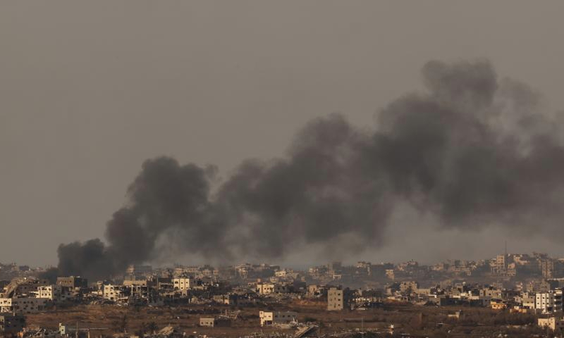 Smoke billows following Israeli strikes in the Gaza Strip, as seen from Israel's southern border with the Gaza Strip, on Dec. 22, 2024. (Photo by Gil Cohen M/Xinhua)