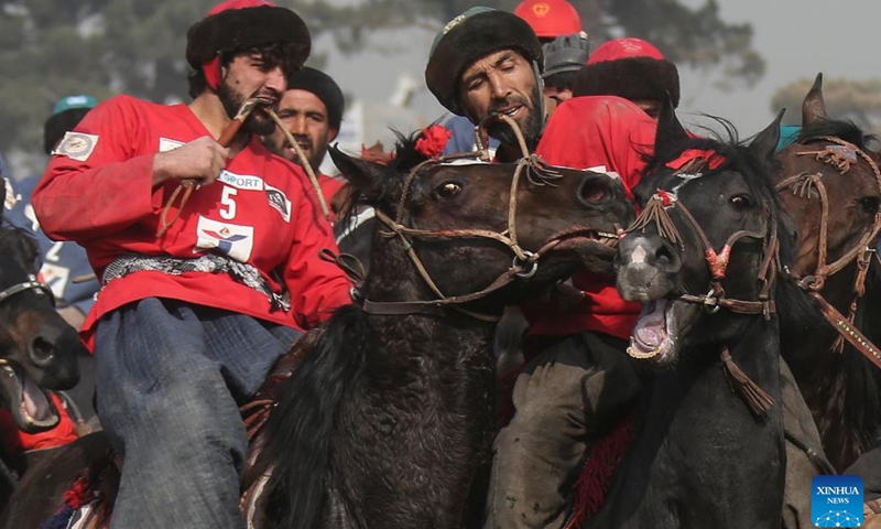 People participate in Afghanistan's traditional sport Buzkashi (goat grabbing) in Kabul, Afghanistan, on Dec. 11, 2024. (Photo: Xinhua)