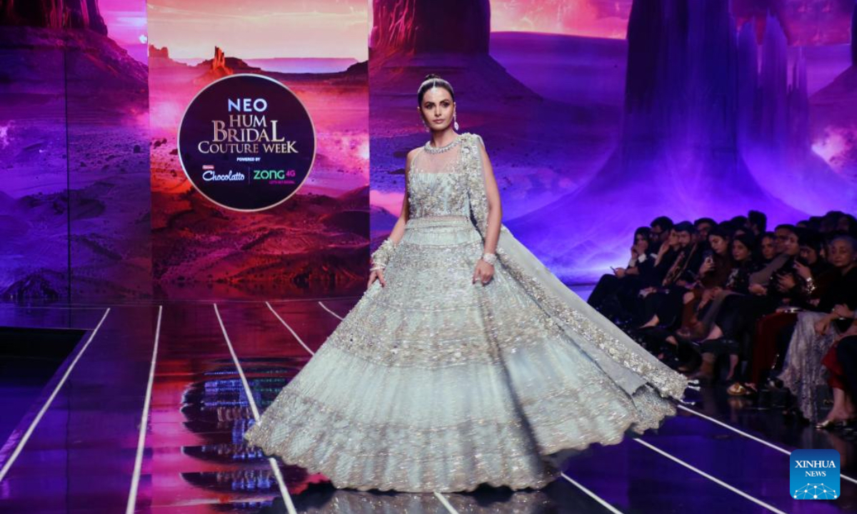 A model presents a creation on the first day of the Neo HUM Bridal Couture Week in Lahore, Pakistan on Dec. 20, 2024. A three-day bridal fashion week kicked off in Lahore on Friday. (Photo: Xinhua)