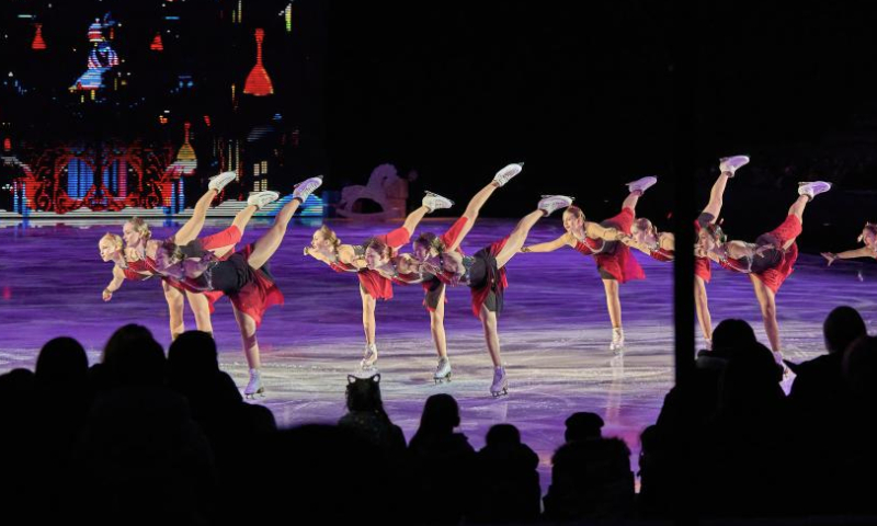 Actresses perform in ice ballet play The Nutcracker in celebration of the upcoming New Year in Vladivostok, Russia, Dec. 22, 2024. (Photo by Guo Feizhou/Xinhua)