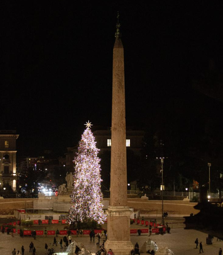 A Christmas tree is seen at Piazza del Popolo in Rome, Italy, Dec. 17, 2024. (Xinhua/Li Jing)