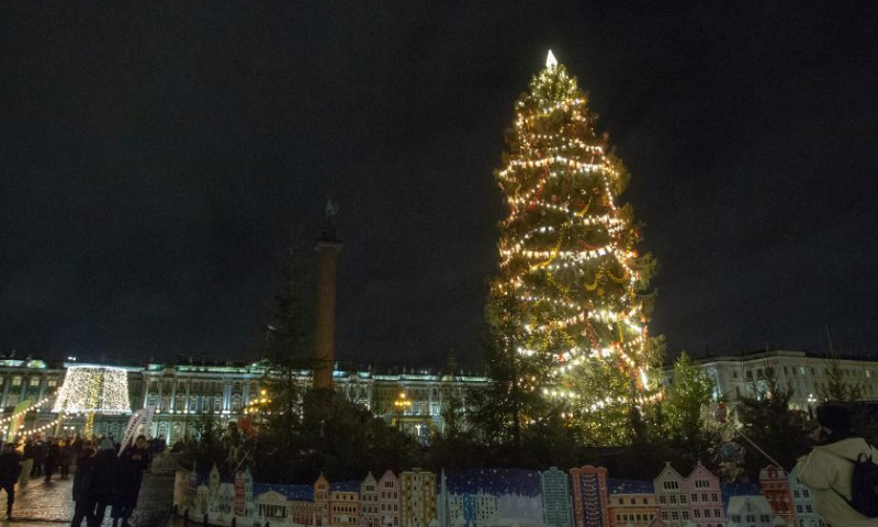 This photo taken on Dec. 20, 2024 shows an illuminated new year tree at Palace Square in St. Petersburg, Russia. (Photo by Irina Motina/Xinhua)