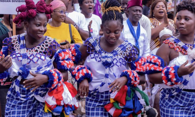 People dance at the South West Cultural Festival in Buea, Southwest Region, Cameroon, Dec. 15, 2024. (Photo by Muleng Timngum/Xinhua)