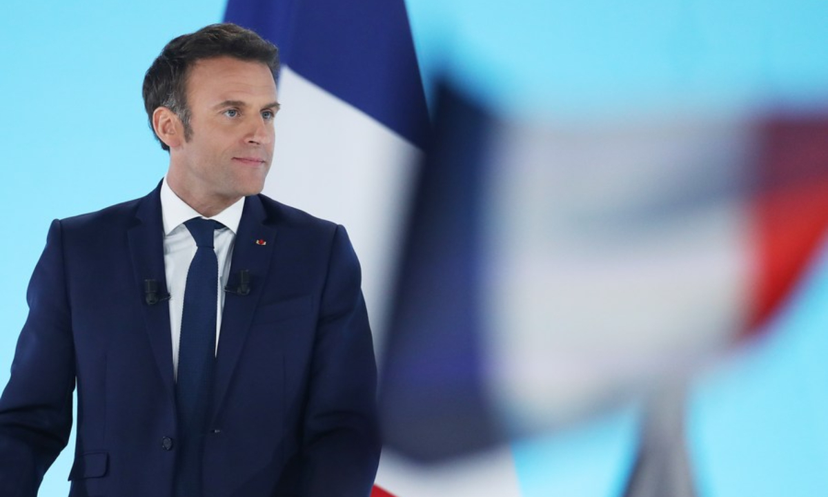 French President Emmanuel Macron delivers a speech at a rally after the first round of French presidential election in Paris, France, on April 10, 2022. Photo:Xinhua