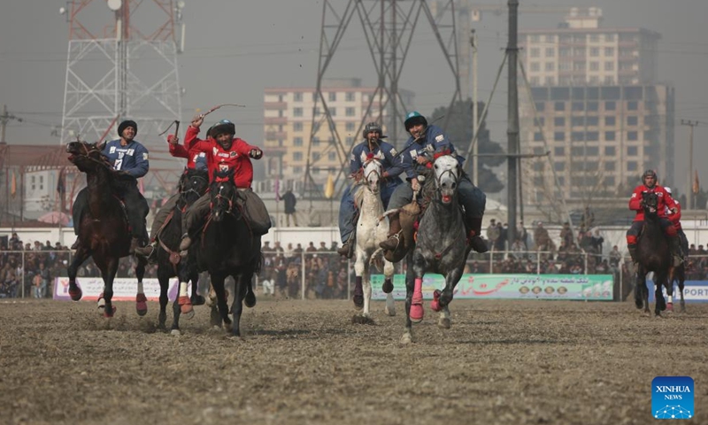 People participate in Afghanistan's traditional sport Buzkashi (goat grabbing) in Kabul, Afghanistan, on Dec. 11, 2024. (Photo: Xinhua)