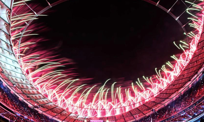 Fireworks are seen during the opening ceremony of the Arabian Gulf Cup Football Championship in Jaber Al-Ahmad International Stadium in Farwaniya Governorate, Kuwait, Dec. 21, 2024. (Photo by Asad/Xinhua)