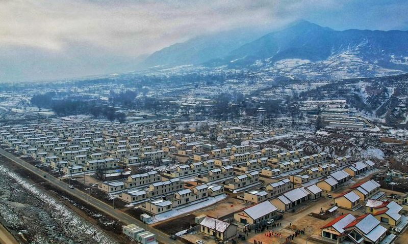 An aerial drone photo taken on Dec. 6, 2024 shows a resettlement area in Liuji Township of Jishishan County, northwest China's Gansu Province. (Photo by Zhang Weiji/Xinhua)