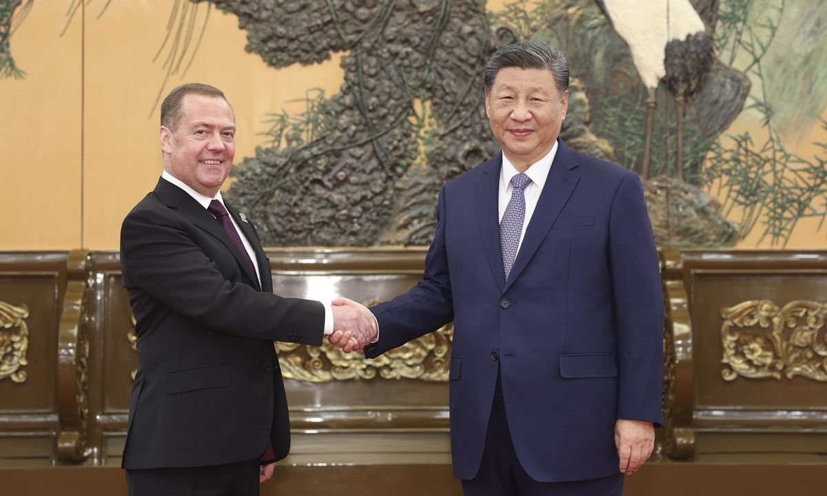 Xi Jinping, general secretary of the Communist Party of China Central Committee and Chinese president, meets with Chairman of the United Russia party Dmitry Medvedev at the Great Hall of the People in Beijing, December 12, 2024.?Photo: Xinhua