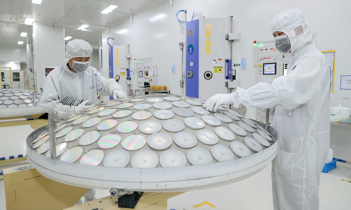 Two workers manufacture LED chips for export at a digitalized workshop in Suqian, East China's Jiangsu Province on September 3, 2024. Photo: VCG