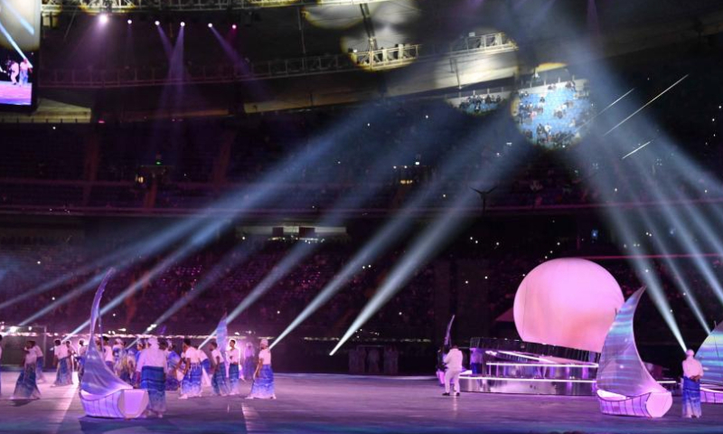 Artists perform during the opening ceremony of the Arabian Gulf Cup Football Championship in Jaber Al-Ahmad International Stadium in Farwaniya Governorate, Kuwait, Dec. 21, 2024. (Photo by Asad/Xinhua)