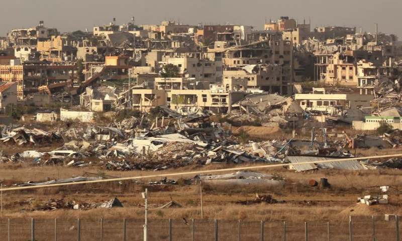 This photo taken on Dec. 22, 2024 shows destroyed buildings in the Gaza Strip, as seen from Israel's southern border with the Gaza Strip. (Photo by Gil Cohen M/Xinhua)