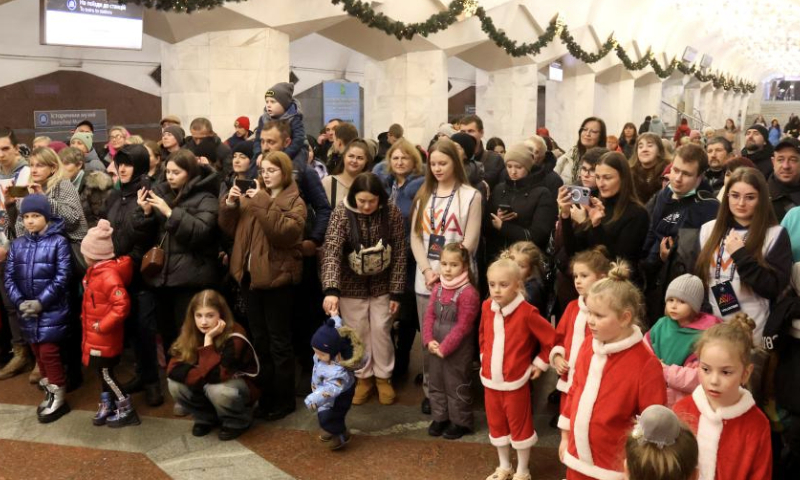 People enjoy a New Year musical concert held at a subway station in Kharkiv, Ukraine, on Dec. 11, 2024. (Photo by Peter Druk/Xinhua)