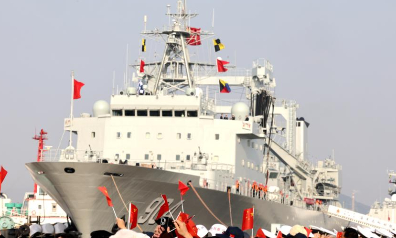 A farewell ceremony is held for a Chinese navy fleet at a port in Zhoushan, east China's Zhejiang Province, Dec. 15, 2024. A new fleet of the Chinese People's Liberation Army Navy set sail from a military port in Zhoushan, east China's Zhejiang Province on Sunday to take over an escort mission from the previous fleet in the Gulf of Aden and the waters off Somalia. (Photo by Yang Haifan/Xinhua)