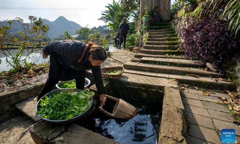 A staff member prepares vegetables for cooking at a homestay in Tianfu Town of Beibei District, southwest China's Chongqing Municipality, Dec. 11, 2024. In recent years, the town of Tianfu, with unique natural scenery as well as abundant resources for cultural tourism in its countryside, has promoted the improvement of village environment and the upgrading of infrastructure. The town has transformed vacant rural houses into a group of high-quality homestays, which not only accommodate tourists with an immersive rural experience, but also bring lucrative job opportunities to local villagers. (Xinhua/Liu Chan)