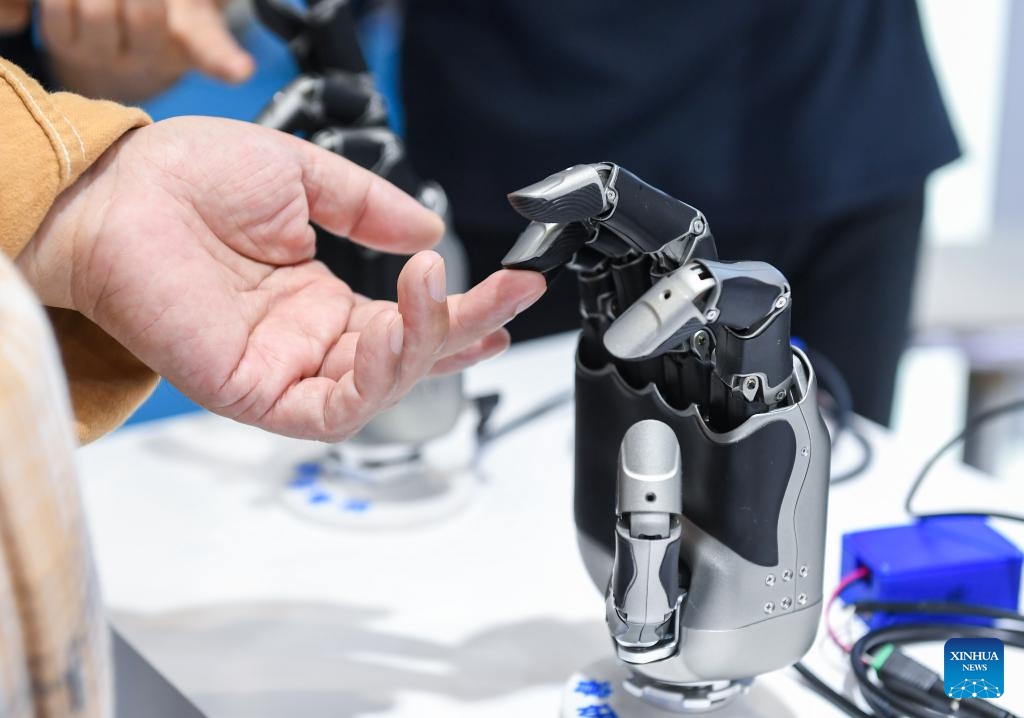 A visitor touches the finger of a mechanical hand at a booth at the 26th China High-Tech Fair (CHTF) in Shenzhen, south China's Guangdong Province, Nov. 15, 2024. The Guangdong-Hong Kong-Macao Greater Bay Area, with its outstanding capabilities in research and development and solid foundation for manufacturing, serves as a fertile ground for the development of humanoid robot sector. (Photo: Xinhua)