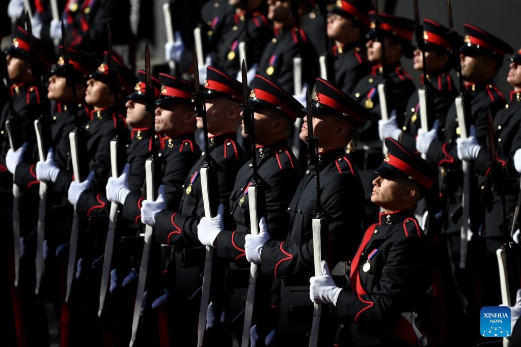 Soldiers of the Armed Forces of Malta attend a ceremonial parade in celebration of the 50th anniversary of the Republic of Malta in Valletta, Malta, on Dec. 13, 2024. (Photo: Xinhua)