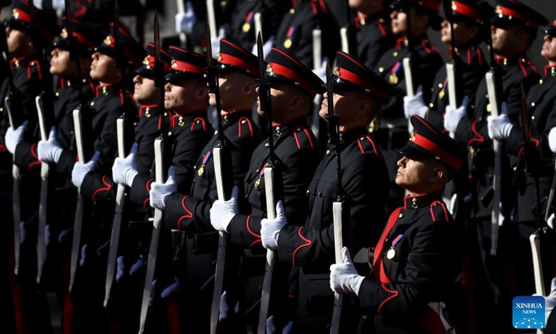 Soldiers of the Armed Forces of Malta attend a ceremonial parade in celebration of the 50th anniversary of the Republic of Malta in Valletta, Malta, on Dec. 13, 2024. (Photo: Xinhua)