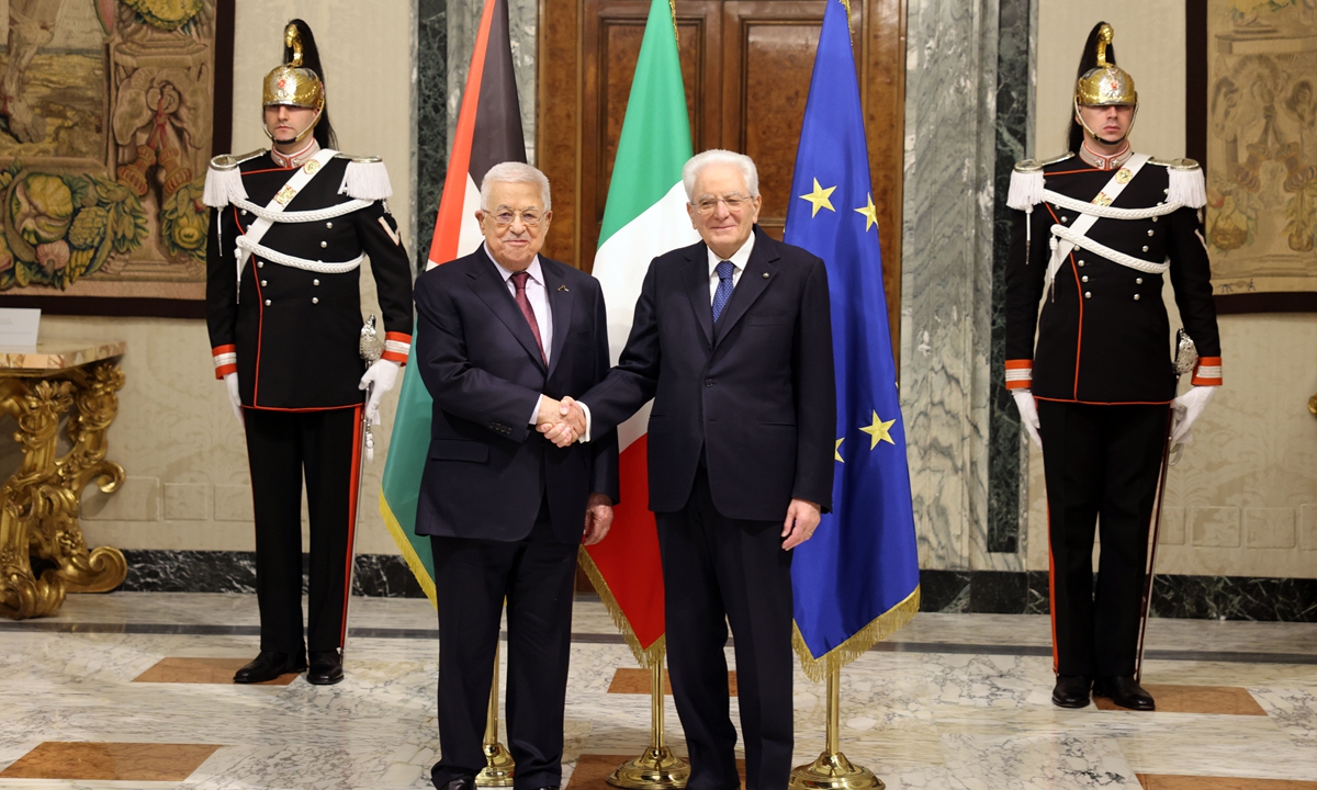 

Palestinian President Mahmoud Abbas (left) meets with Italian President Sergio Mattarella in Rome, Italy on December 13, 2024. During the meeting, Abbas briefed Mattarella on the latest developments in the Palestinian-Israeli conflict, emphasizing the ongoing humanitarian crisis in Gaza, according to Anadolu Agency. Photo: VCG