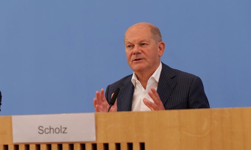 German Chancellor Olaf Scholz speaks at a press conference in Berlin, Germany, on July 24, 2024. Scholz on Wednesday expressed his willingness to run for a second term in the 2025 national elections. His official nomination by the Social Democratic Party (SPD) remains pending, however. (Xinhua/Li Hanlin)