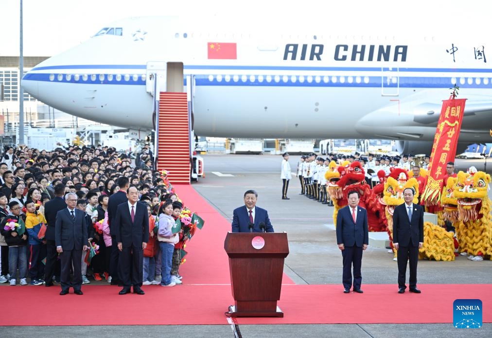 Chinese President Xi Jinping, also general secretary of the Communist Party of China Central Committee and chairman of the Central Military Commission, delivers a brief speech at the airport in Macao, south China, Dec. 18, 2024. (Photo: Xinhua)