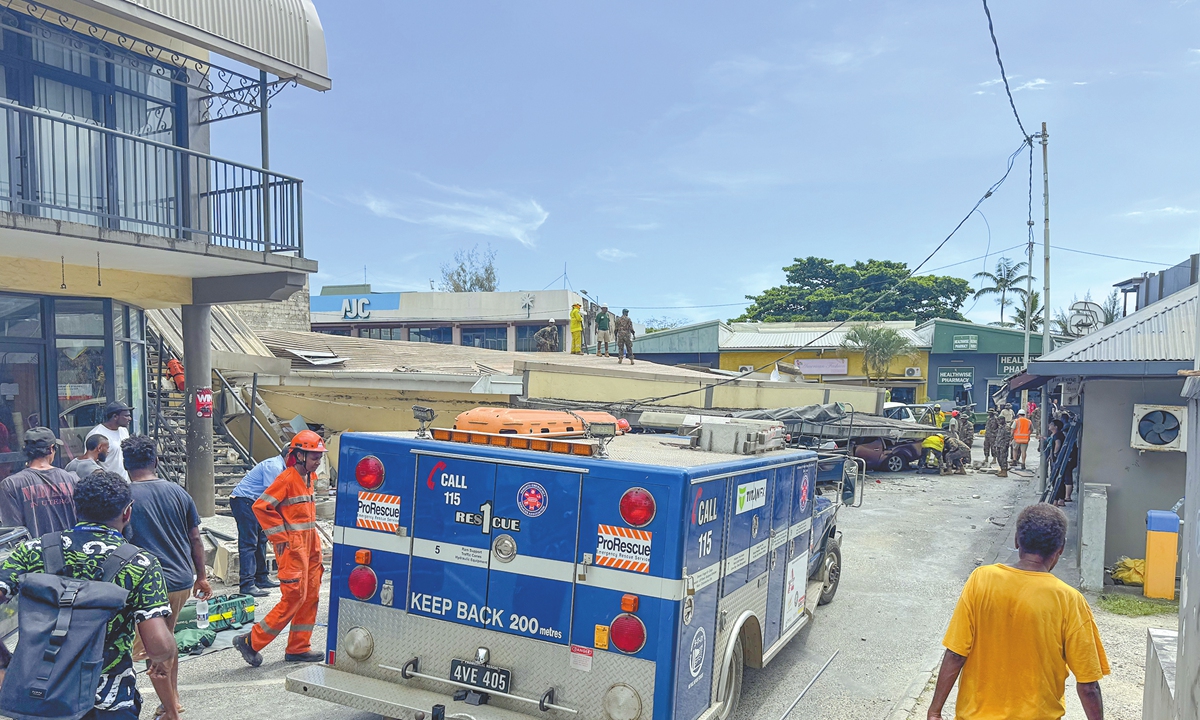 Rescuers conduct search and rescue operations following a powerful 7.3-magnitude earthquake which killed at least 14 people, in Port Vila, Vanuatu. Two Chinese citizens have been confirmed dead, and two others were injured in the earthquake, a Chinese Foreign Ministry spokesperson said on December 18, 2024. Photo: VCG