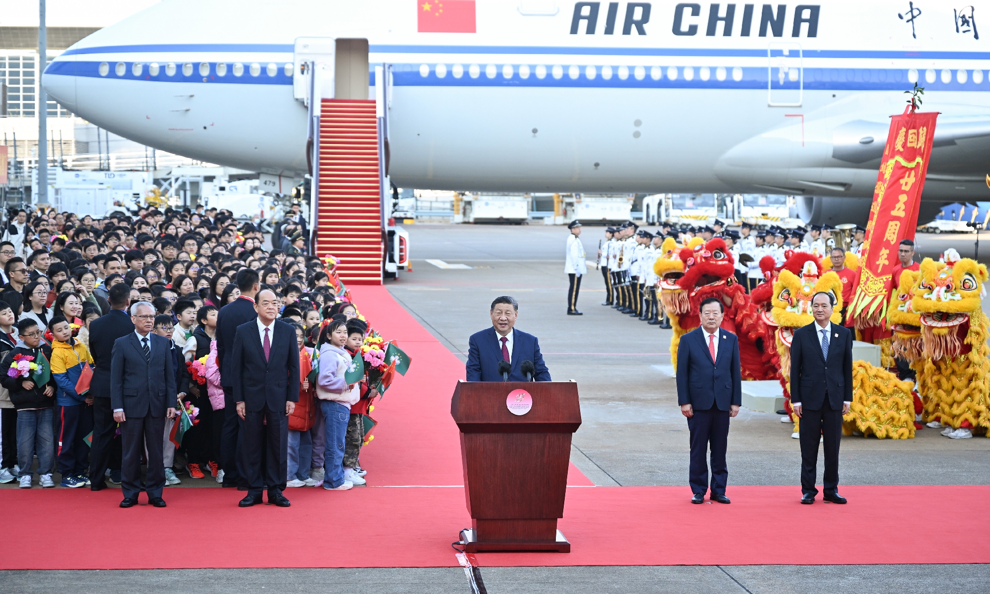 Chinese President Xi Jinping, also general secretary of the Communist Party of China Central Committee and chairman of the Central Military Commission, delivers a brief speech at the airport in Macao on December 18, 2024. Photo: Xinhua