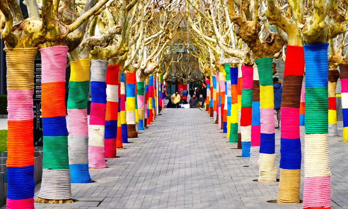 Some trees in Haidian district of Beijing wear colorful sweaters on December 19, 2024. Each 