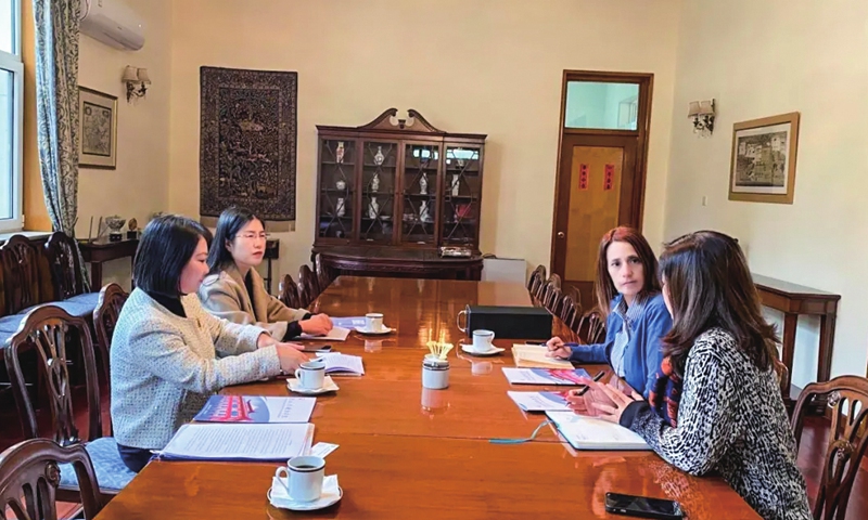 Joanna Kakalidi (second from right) talks to the teachers from HISU. Photo: Hebei International Studies University